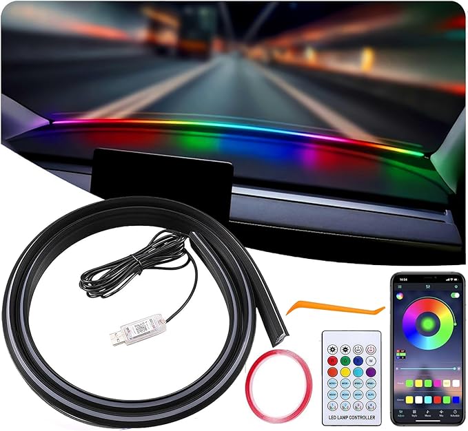 Acrylic Interior Car LED Strip Light with Motion-Activated Switch, 59.1" Neon Ambient Light, RGB Colors, APP Control, Music Sync