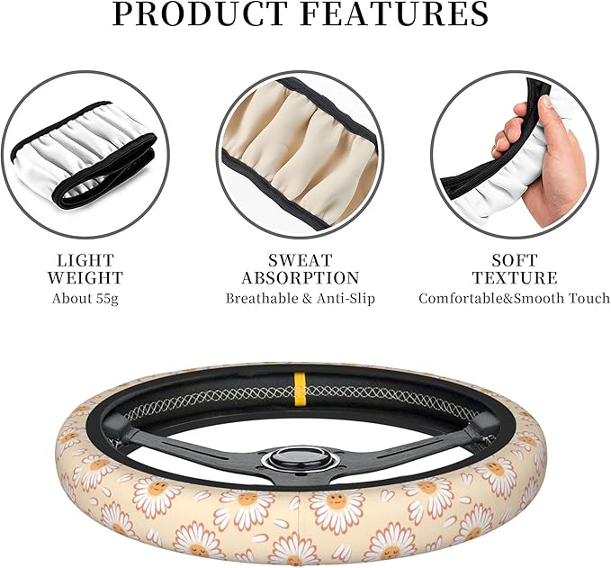 Car Steering Wheel Cover,Smiling Face Flower Universal Non Slip Wheel Protector 15 Inch Elastic Car Accessories for Men Women