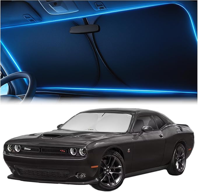 Windshield Sunshade for Dodge Challenger 2015-2023 – Upgraded Double-Layer Design, Mirror Cut-Out, Blocks 99% UV Rays, Thick & Durable, Easy-Fold Dodge Challenger Windshield Sun Shade