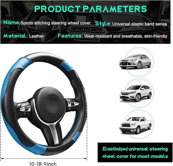 Car Steering Wheel Cover, 15 inch Carbon Fiber Microfiber Leather Elastic Steering Wheel Protector, Breathable Anti-Slip Comfortable Steering Wheel Covers for Most Cars (Black&Blue)
