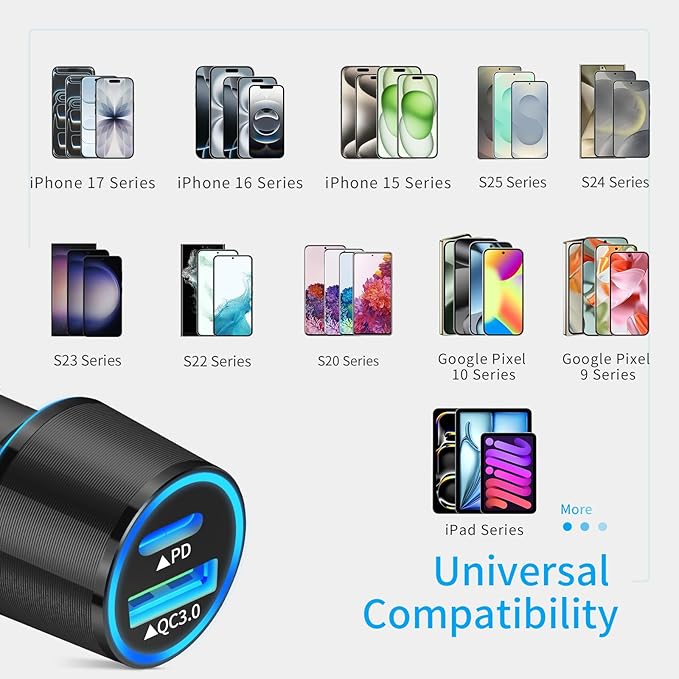 67.5W Car Charger USB C Super Fast Charging, 45W USBC & QC3.0 Port Plug for iPhone 17 Pro Max/Air/16/15/iPad, Samsung S26/S25 Android Cell Phone, Dual 12V Cigarette Lighter Adapter + 8 ft Type C Cable