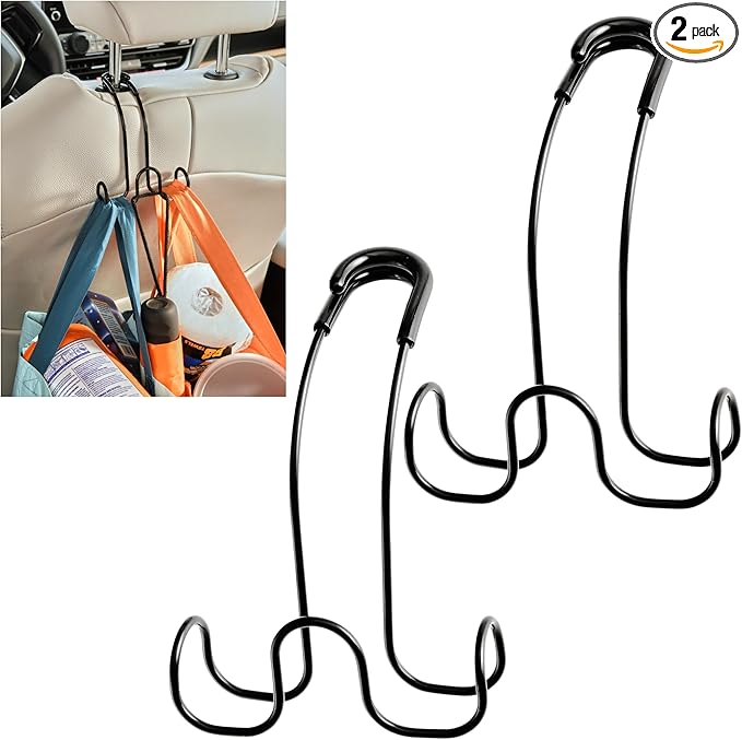 High Road Metal Car Hooks for Purses and Bags - Unbreakable Headrest Car Hooks for Large Purse Straps and Heavy Bags up to 40 lbs - Secure Attachment Loops Fit All Headrest Posts (Triple Hook 2-Pack)