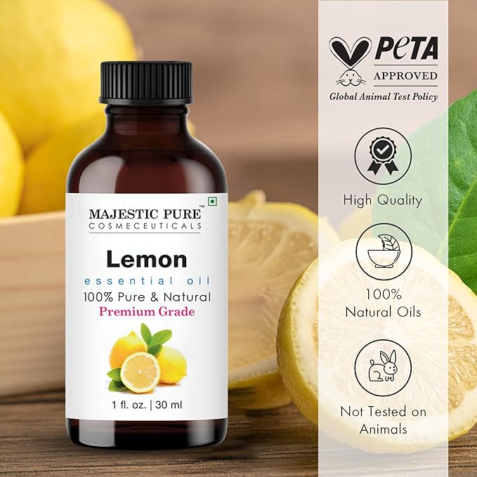 Majestic Pure Essential Oil with Glass Dropper - 100% Pure and Natural - Essential Oils for Diffuser, Aromatherapy, Soap and Candle Making, Lemon Essential Oil, Lemon Oil, 1 Fl Oz