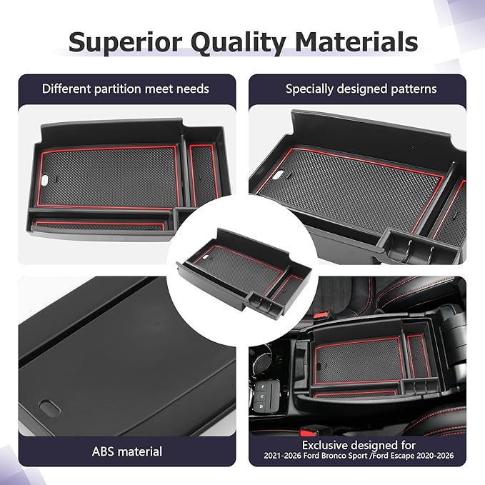 LUWU Center Console Organizer Compatible with Bronco Sport 2021-2026/Ford Escape 2020-2026 Accessories Armrest Console Storage Box Insert Tray ABS Material Black Coin Container Red