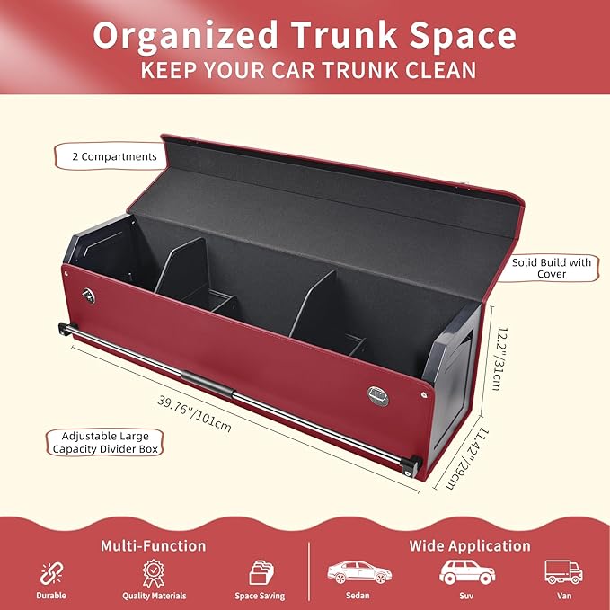 Car Trunk Organizer for Honda CR-V 2017-2022, Collapsible Sturdy Trunk Storage Container with Lid and Handle Large Leather Car Trunk Storage (Red,39.7 x 11.4 x 12.2in)