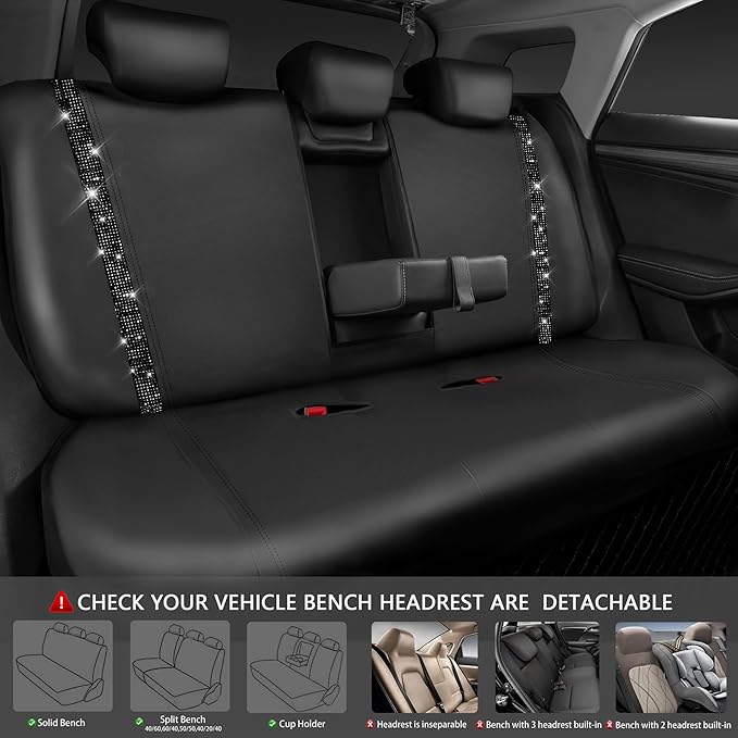 CAR PASS Bling Diamond Car Seat Covers, Shining Rhinestones Waterproof Faux Leather, 7 Seats 3 Rows with Zipper Glitter Crystal Sparkle Strips Universal Fit 95% MPV,SUV,CAR for Women Girl, Black