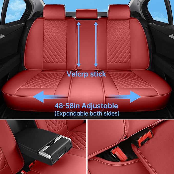 Car Seat Covers Full Set Red, Luxury Faux Leather Waterproof Non-Slip Women Seat Protector Universal Fit for Most Cars SUVs Trucks Pick-ups,Car Interior Accessories (Red-Full Set)
