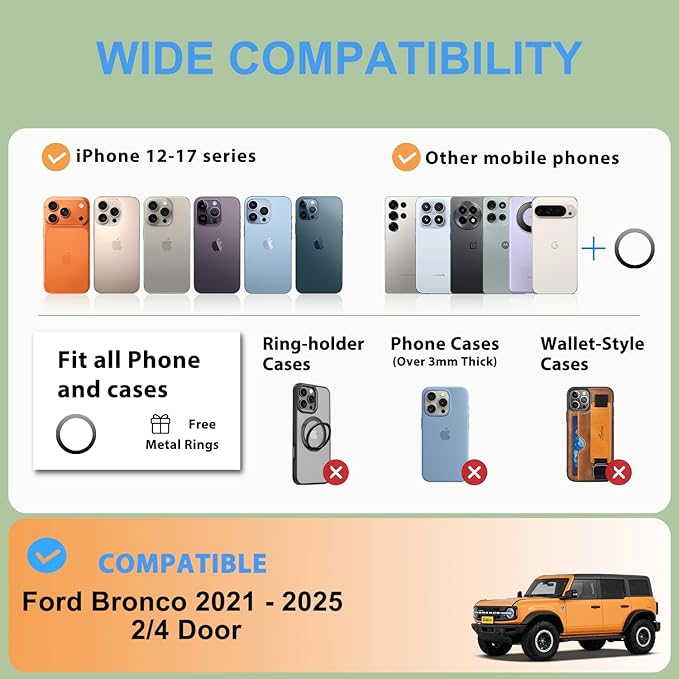 Wireless Charging Phone Mount for Ford Bronco 2021-2026 2/4 Door, Aluminum Alloy Phone Holder, Magnetic Wireless Charger for Ford Bronco, for Ford Bronco Accessories with C-C Cable
