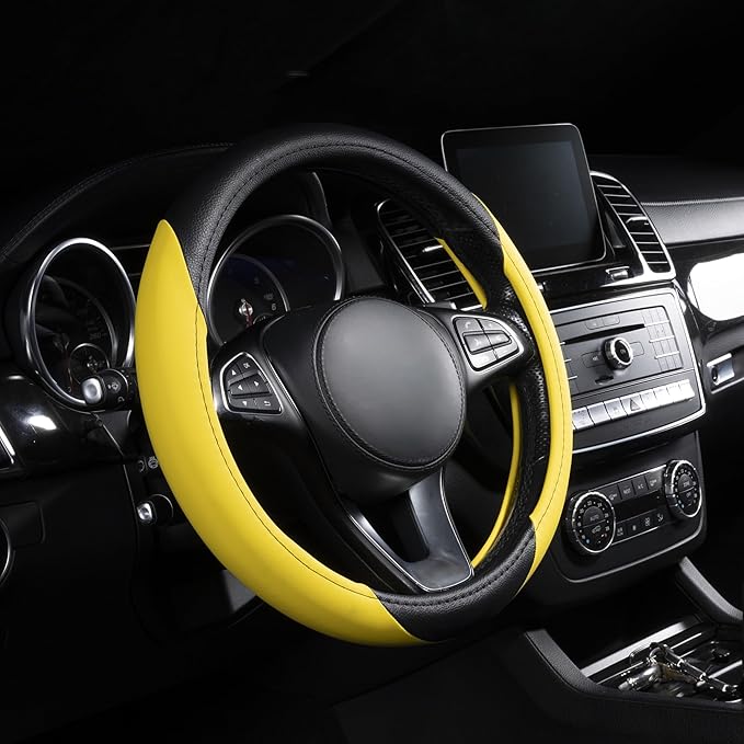 Lord Autofashion Steering Wheel Cover – PU Leather, Non-Slip Rubber Inner, All-Season Comfort – 14.5–15 Inch (Black/Yellow 7414)