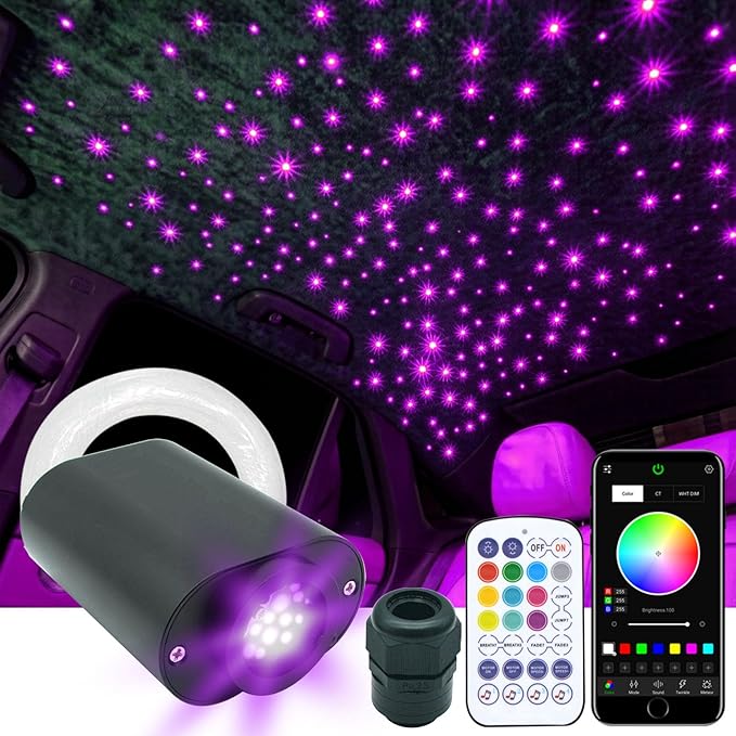 Twinkle Starlight Headliner Kit Sound Activated Star Ceiling Lights Fiber Optic Lights Mini White with Bluetooth APP & Remote Control 300 Pieces 6.5ft/2m Fiber Optical Cable