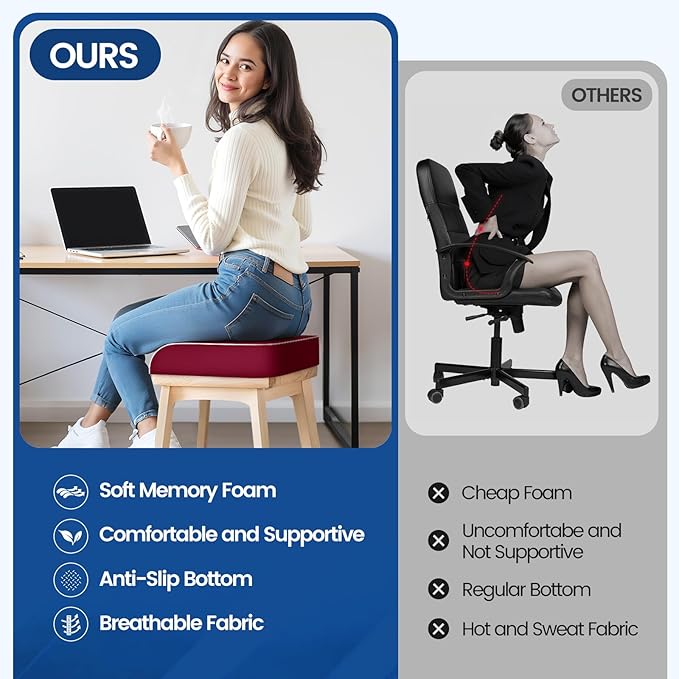Seat Cushion for Tailbone Pain Relief, Office Chair Cushion, Memory Foam Large Chair Cushion with Non-Slip Cover for Soft Support at Office Chair, Car Seat, Airplane Red/2X-Large