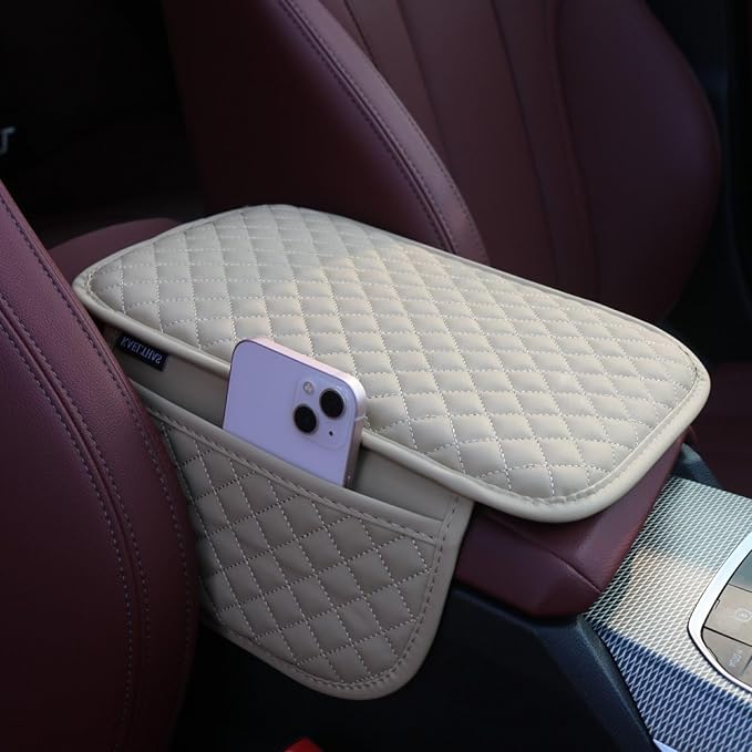 KAELTHAS Car Center Console Cushion Armrest Cover with 2 Storage Bags (Beige,Mid-Size)