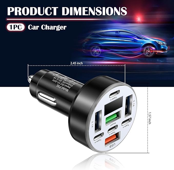 8 Port Car Charger Cigarette Lighter Adapter,Upgraded Car Charger Adapter with 25W USB Fast Charging & Voltage Monitoring,12/24V Cars Cigarette Lighter USB Chargers & Type-C Chargers
