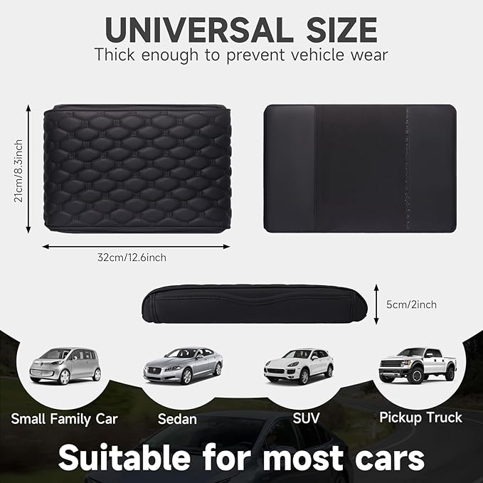 Center Console Cover, Arm Rest Cover, Memory Foam Microfiber Leather Car Armrest Cover Cushion with 2 Storage Bags, Universal Center Console Covers for Cars/Truck/Auto/SUV (Black)