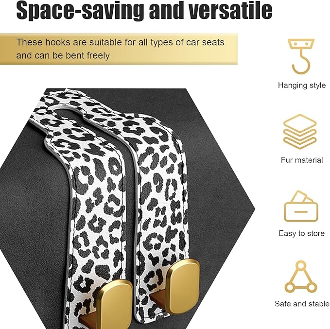 2 PCS Car Seat Back Storage Headrest Hooks, Multi-function Backseat Hanging Organizer for Bag & Phone, Leopard Print Suede Leather Hook, Hidden Storage Accessory for Cars (Black)