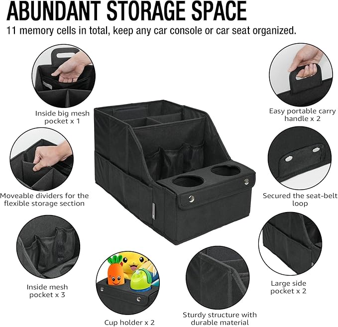MULISOFT Car Seat Organizer- Backseat Car Organizer with 11 Storages Compartments and 2 Cup Holders, Organizers and Storage, Front Seat for Travel Kids,Black