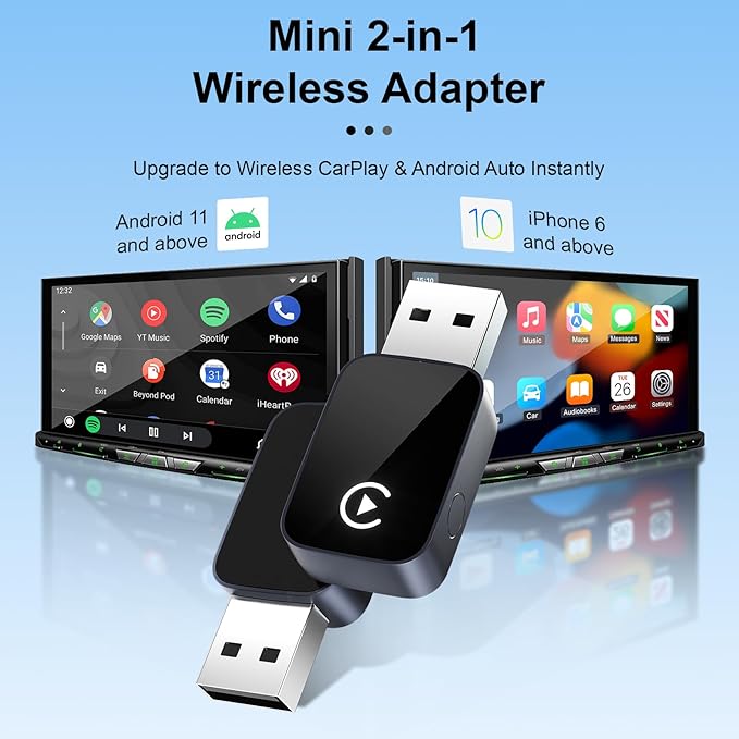 2-in-1 Wireless CarPlay&Android Auto Adapter,Fast Auto-Connect,Compact Plug&Play Wireless CarPlay Converter for iPhone&Android,No Delay Car Play for iPhone iOS 10+,Android 11+