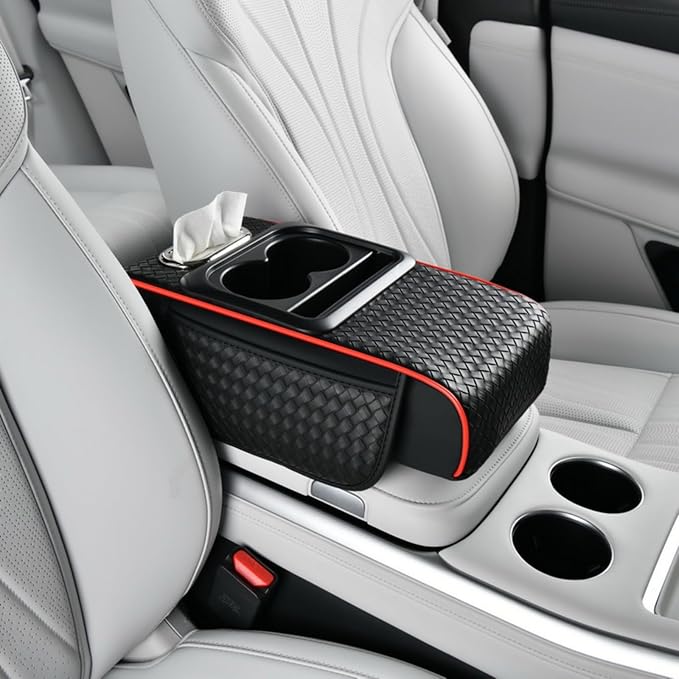 Car Armrest Cushion Cover Car Center Console Memory Foam Booster Pad with Storage Pocket and Tissue Hole for Sedan Vehicle (Cupholder - BlackRed, 13.39 * 7.68 * 2.95'' / 34 * 19.5 * 7.5cm)