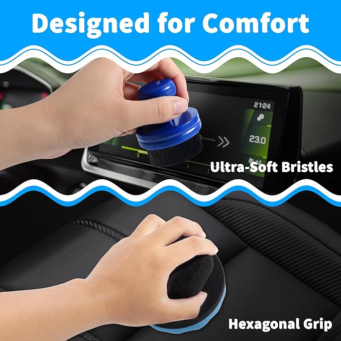 SIMPOR Tire Shine Applicator Brush and Hex Grip Sponge Pad Kit, Soft Bristle Tire Dressing Applicator with Storage Stand, No Mess Car Detailing Wave Foam Sponge Tool for Cleaning Waxing (2 Pack)