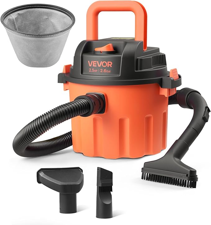 VEVOR Dry Vacuum Cleaner, 2.6 Gallon 2.5 Peak HP Portable Shop Vac with 800W Input Power, Various Nozzles, 1.25in Diameter x 4ft Hose, 9.2ft Cord for Home, Garage, Jobsite, Workshop, Black Orange