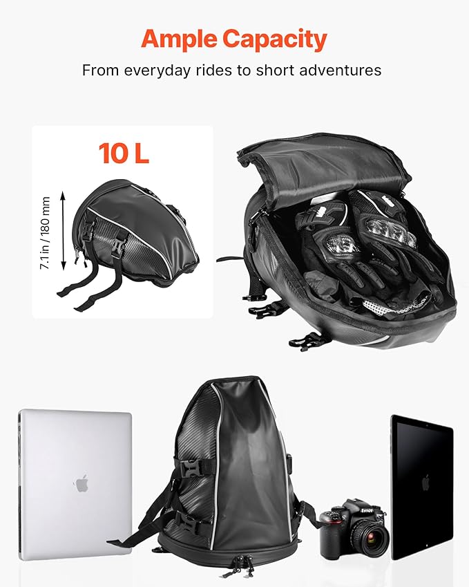 VEVOR Motorcycle Tail Bag 10L, Waterproof Rear Seat Bag with Rain Cover, Durable Oxford Fabric Luggage for Outdoor Sports & Motorbike, Detachable Shoulder Strap for Saddlebag/Touring/Riding, Black