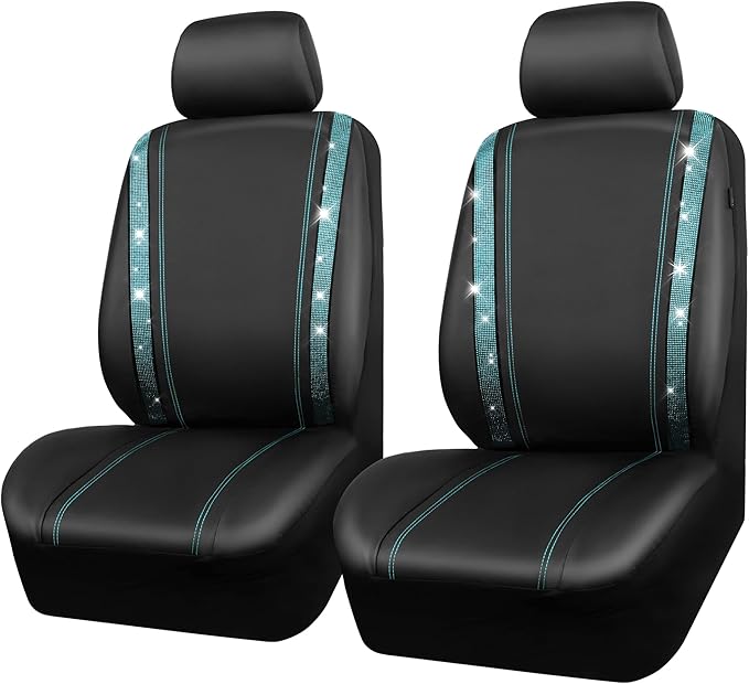 CAR PASS Leather Bling Diamond Car Seat Covers 2 Front Interior Sets, Waterproof Universal Shining Glitter Crystal Sparkle Fit for 95% Automotive Truck SUV Cute Women Girl, Black Mint Rhinestone