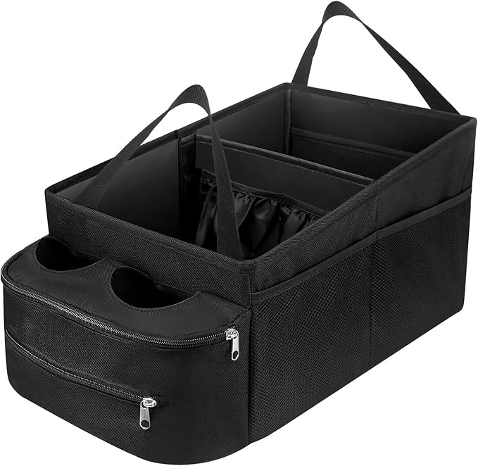 FUNNy elf Passenger Seat Organizer, Collapsible Car Storage with Partitions & 4 Cup Holders for Front or Back Seat