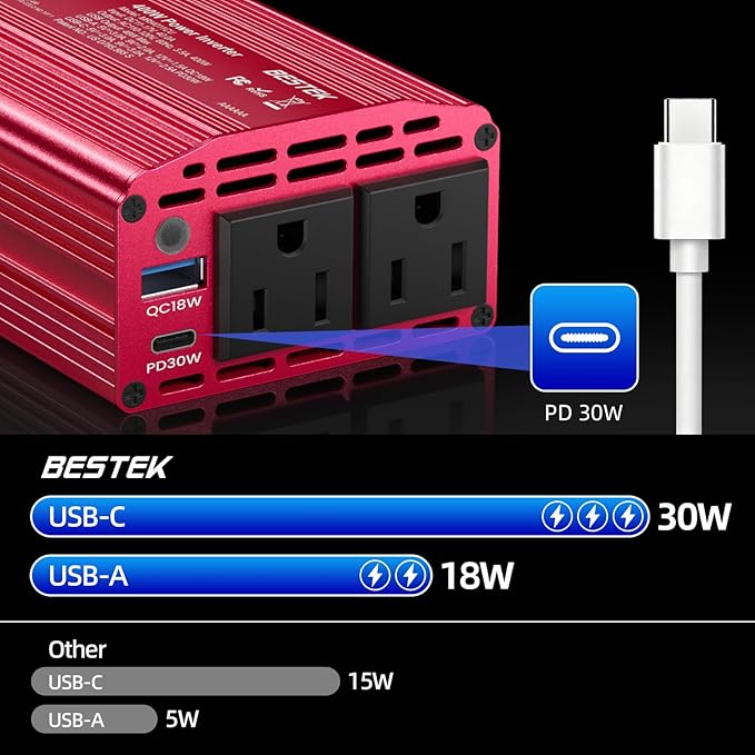 Bestek 400W Car Power Inverter for Vehicles – DC 12v to AC 110v Car Plug Adapter Outlet with PD 30W USB-C &USB-A 3.0 Fast Charging, Car Charger Cigarette Lighter Adapter for Laptop, Road Trip, Camping