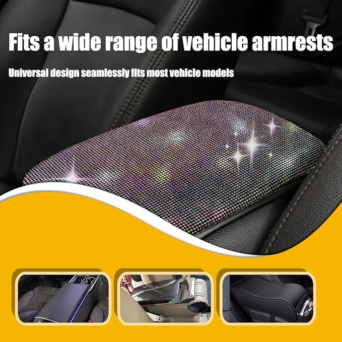 11.9''×8.4'' Bling Car Center Console Cover, Crystal Diamond Arm Rest Cover for Car, Soft Elbow Pillow Automotive Armrest Seat Box Cover, Arm Rest Protective Cushion Pad for Women (Colorful)