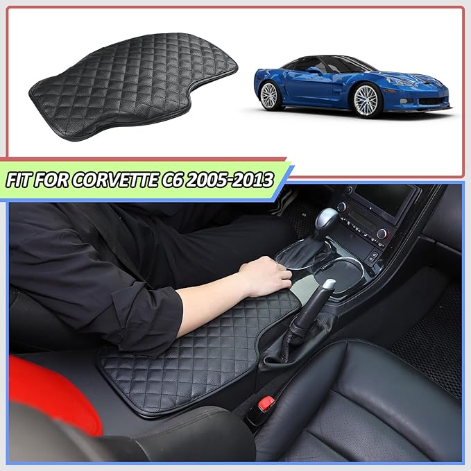 Center Console Armrest Cover for Chevy Corvette C6 2005-2013, Centre Armrest Seat Box Cover, Armrest Arm Rest Pad, Middle Consoles Cushion Protector Mat, Leather (Black)