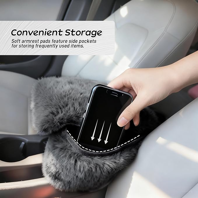 Fluffy Car Armrest Cover with Side Pockets – Plush Fuzzy Fur Center Console Armrest Cushion Pad, Universal Winter Car Interior Protector, Soft Arm Rest Cover with Storage for Women & Men (GRAY)