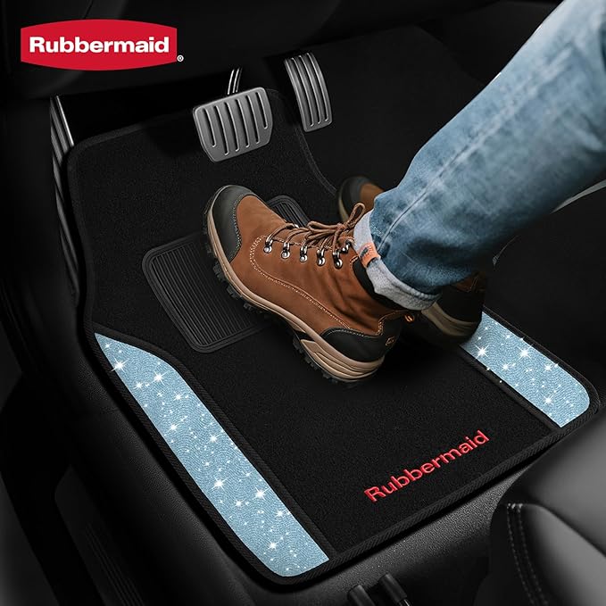 Rubbermaid Bling Car Mats, Carpeted Floor Car Mat with Faux Leather & Built-in Heel Pad, Two-Tone Car Rug Floor Mats, Stylish Carpeted Floor Mats for Cars, Trucks & SUVs Glitter Blue Color