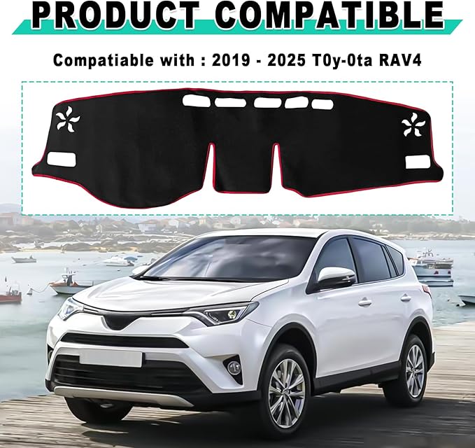 Dash Cover Mat, Center Console Cover Sunshield Protector, Dashboard Cover Compatible with T0y0ta RAV 4 2019 2020 2021 2022 2023 2024 2015 (Red Trim)