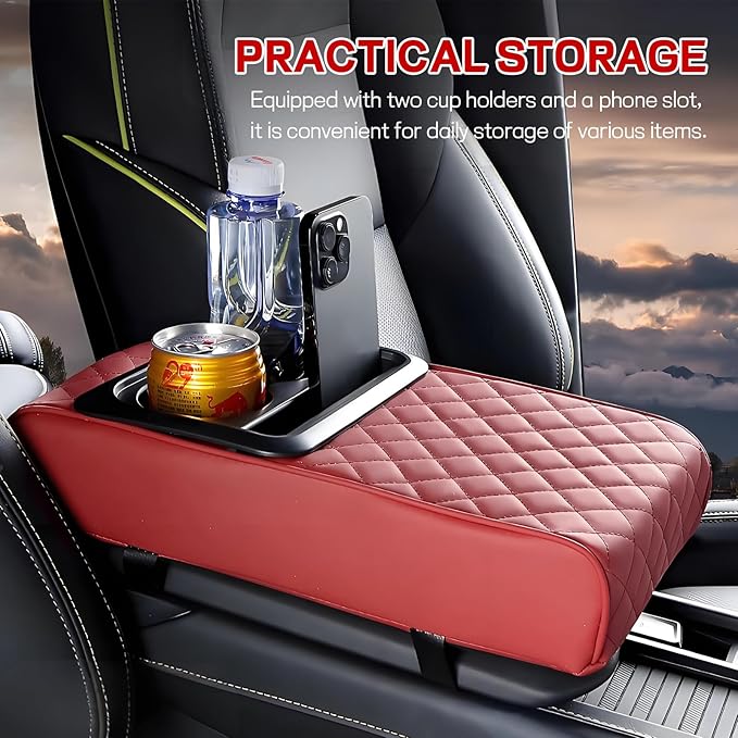 Car Center Console Armrest Pillow, 13.19"×7.87" Leather Car Arm Rest Cover, Memory Foam Auto Armrest Cushion with Cup Holder Phone Slot, Universal Vehicle Middle Console Cushion Pad (Wine Red)