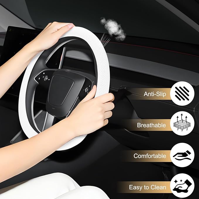 Microfiber Leather Universal 14.5-15 inch Steering Wheel Cover,Easy to Install Non-Slip Breathable Steering Wheel Protector White