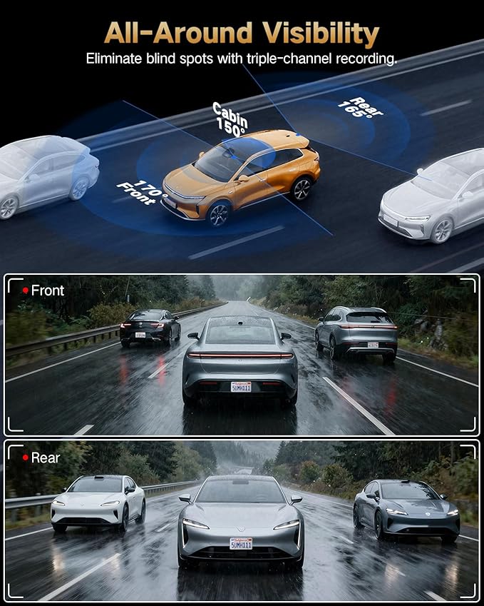 4K Dash Cam Front and Rear Inside, 3-Channel Cars Camera Dash with 170° Wide Angle, Free 64GB SD Card, 5.8GHz WiFi, Night Vision, G-Sensor, Loop Recording, Parking Monitor, USB C, Max 256GB