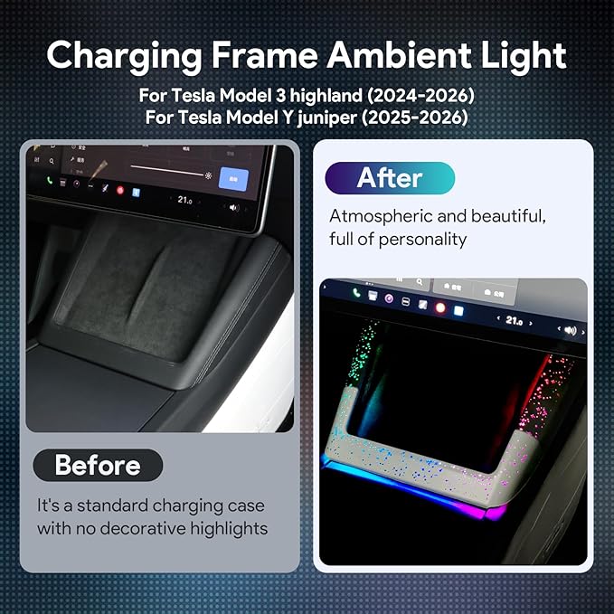 Ambient Lighting Wireless Charging Frame for 2025-2026 Tesla Model Y (Includes Juniper) 2024-2026 Tesla Model 3 PC Stylish Decorative Accessories (Big Starry Sky, White)