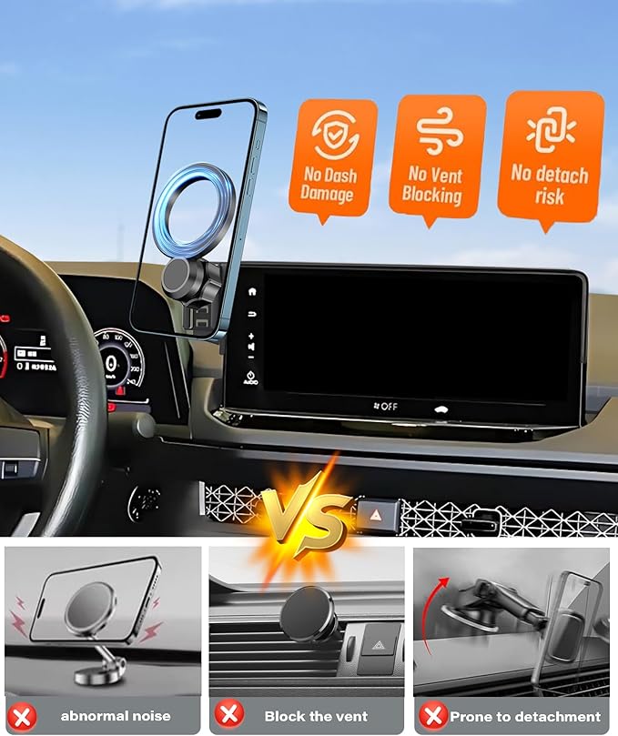 Magnetic Car Phone Mount for 2023 2024 2025 2026 Honda Accord Accessories, for MagSafe Strong Magnets Cell Phone Holder 12.3-Inch Screen Cradles, with Portable Phone Gripper 360° Rotation