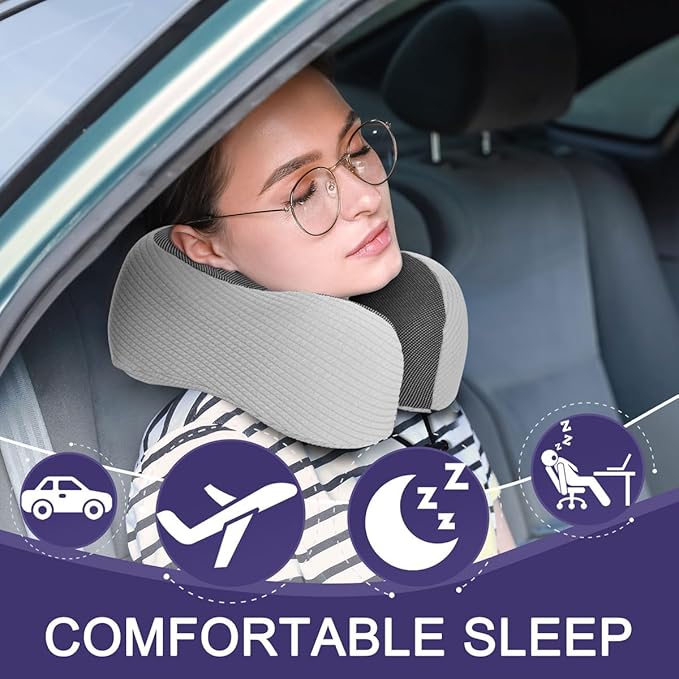 napfun Neck Pillow for Traveling, Upgraded Travel Neck Pillow for Airplane 100% Pure Memory Foam Travel Pillow for Flight Headrest Sleep, Portable Plane Accessories, Light Gray Striped Kit