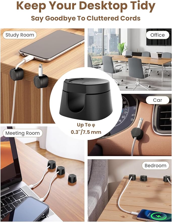 Kanemc Cable Clips Cord Holder for Desk, 360° Spin Magnetic Wire Organizer Self Adhesive Cord Management for Office Desks Cars Home Kitchen Electronic Accessory (Black, 6 PCS)