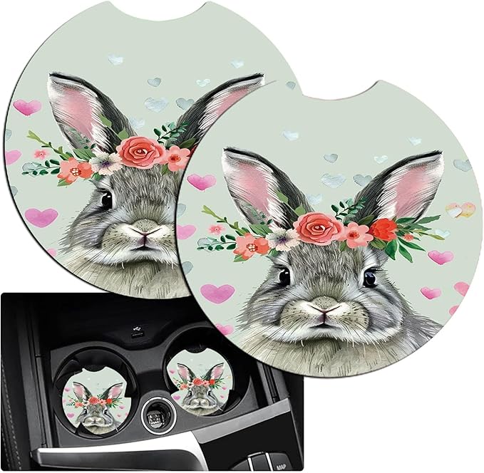 Car Armrest Cover Pads Universal Fashion Cute Auto Center Console Armrest Cover Pad with 2PCS Car Coasters Soft Waterproof Car Armrest Seat Protector for Women, Cute Gray Rabbit