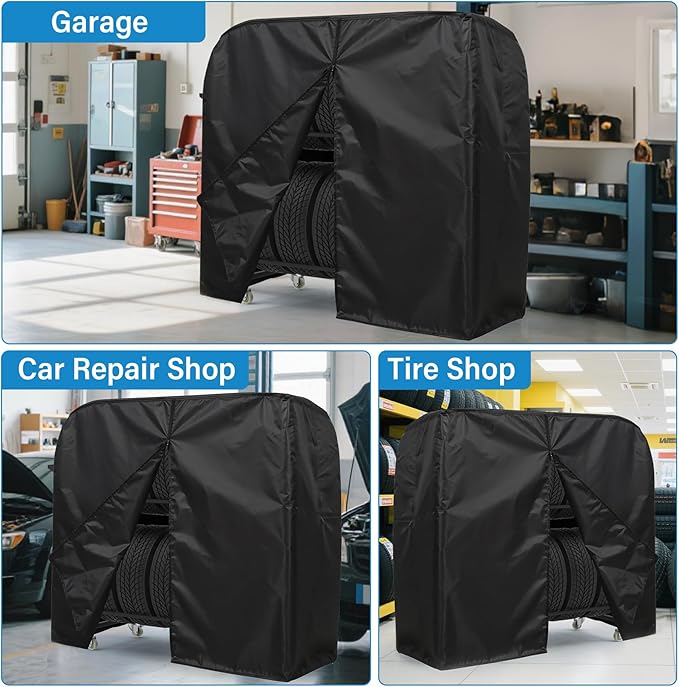 Tire Storage Rack 57" x 55.1" x 20" w/Anti-dust Cover, Adjustable Rolling Tire Rack for Garage Black w/4 Swivel Casters & 2 Storage Shelf for Garage Storage
