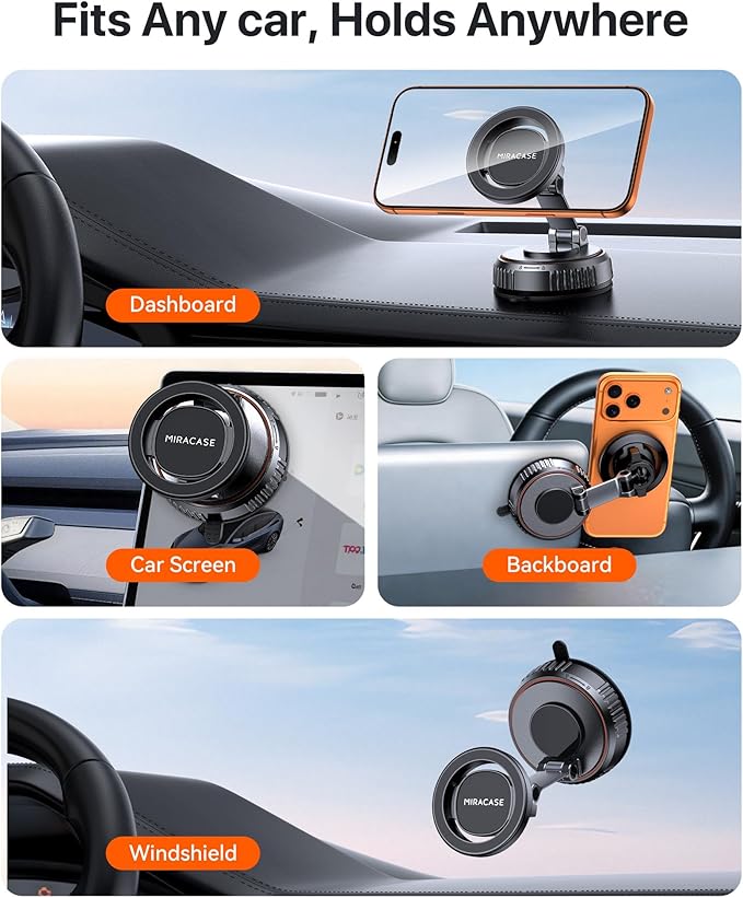 Miracase for MagSafe Car Mount[3600gf Strong Magnet & 89+LBS Suction Base]Vacuum Magnetic Phone Holders for Your Car, 360° Adjustable Dashboard & Windshield Mount with Dash Accents for All Smartphones