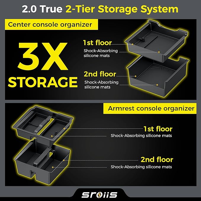 Sroiis® Gen 2 Double-Layer Center Console Organizer Set for Tesla Model Y Juniper Accessories (2025 2026) True 2-Tier Storage System [ Upper Tray + Hidden Lower Compartment ] - 3PCS Jet Black