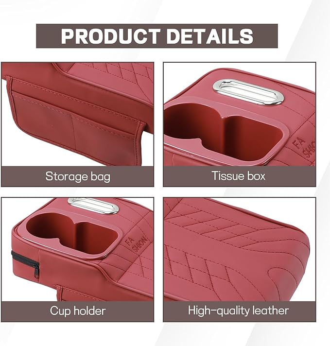 Car Center Console Armrest Pillow, 13.4"×7.5"×2" Leather Auto Arm Rest Cover with Pocket & Tissue Box & Cup Holder, Multifunctional Vehicle Armrest Cushion Pad, Car Accessories (Red)