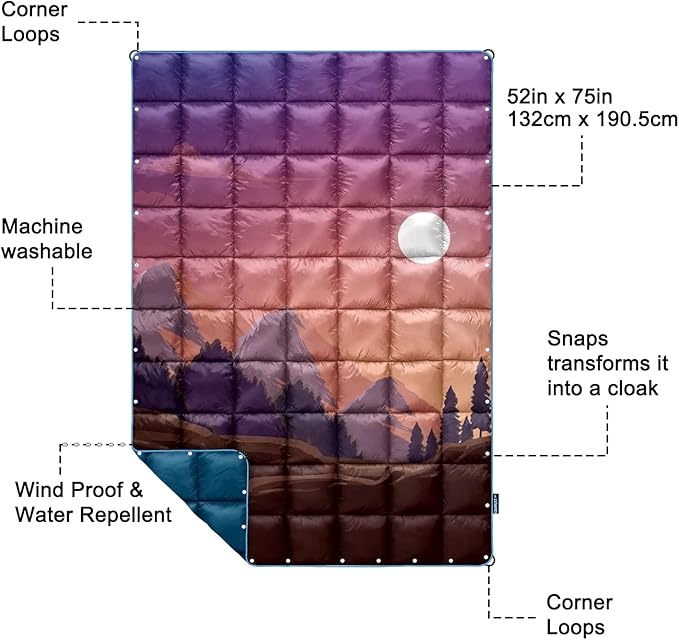 zzlamb Camping Blanket for Cold Weather,Outdoor Puffy Blanket Portable Down Alternative,Windproof Warm Cloak with Snaps,Cozy Quilt Backpacking Picnic RV Travel Plane Car Hammock Beach Climbing
