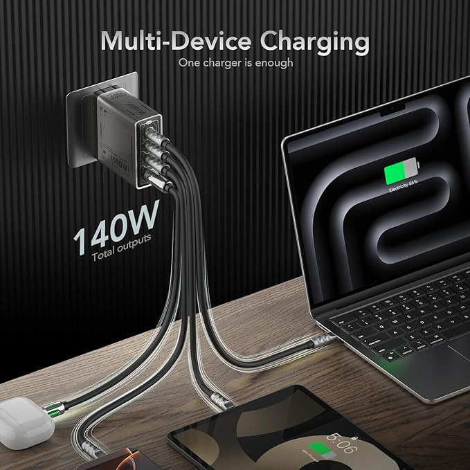 Mfish E-Rhino 140W USB-C Charger, True PD 3.1 GaN Fast Charger, 4-Port (3 USB-C + 1 USB-A) Foldable Plug Power Adapter for MacBook Pro 16”, iPhone 17/16, iPad, Galaxy, Tablet, Laptop, Grey