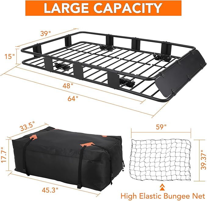 64"x39" Universal Roof Rack Basket with Waterproof Cargo Bag | 200 lbs Capacity, Adjustable Steel Construction | Car Top Carrier for SUV, Truck & Vehicle Rooftop Storage