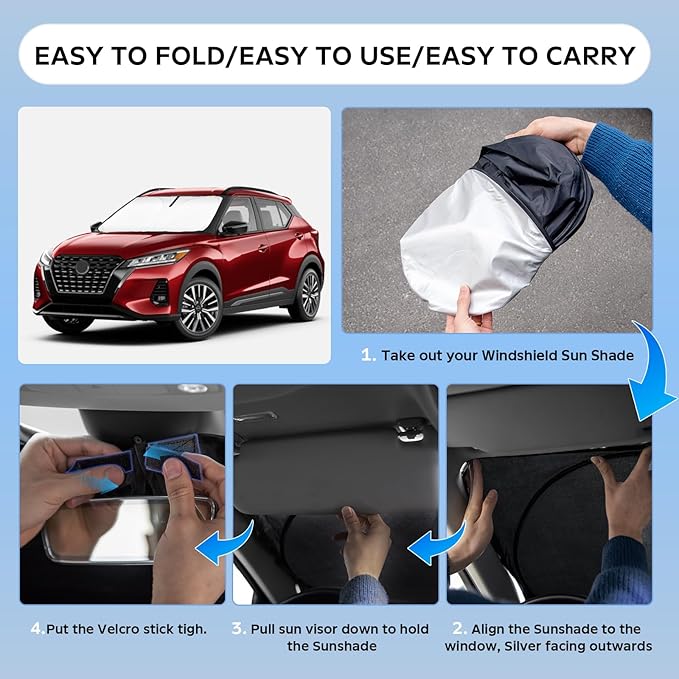 Sun Shade Sunshade for Nissan Kicks SUV 2017-2024 Windshield Cover, 4-Layers Sun Shield 250T Silver Coating Sun Visor Foldable Window Shade Blocks UV Rays Car Accessories