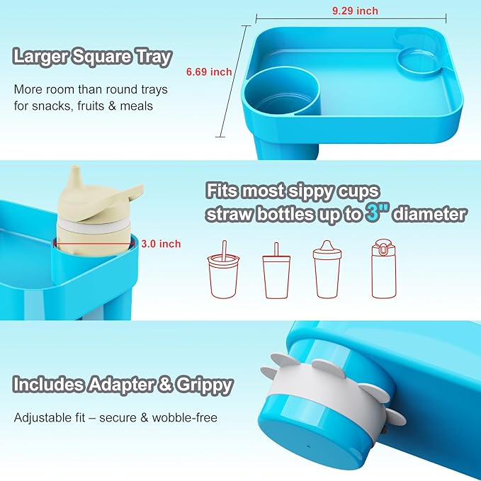 Car Seat Snack Tray for Toddlers - 3 Inch Cup Holder Fits Most Sippy Cups & Straw Bottles with Dip Well, Mess-Free Square Kids Travel Tray Road Trip Essentials, Sky Blue